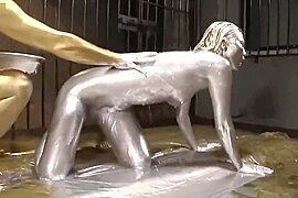 Girl covered in multiple layers of paint having orgasm - free porn video