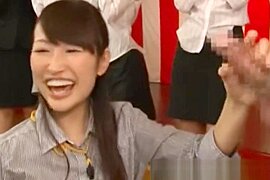One oriental chick is picked to jerk cock on stage - free porn video