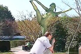 A living nude female Japanese garden statue - free porn video