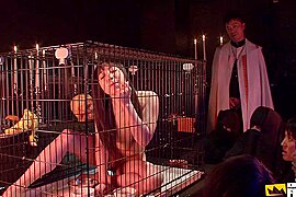Japanese Babe In Cage Eats And Pisses In Front Of More Guys - free porn video
